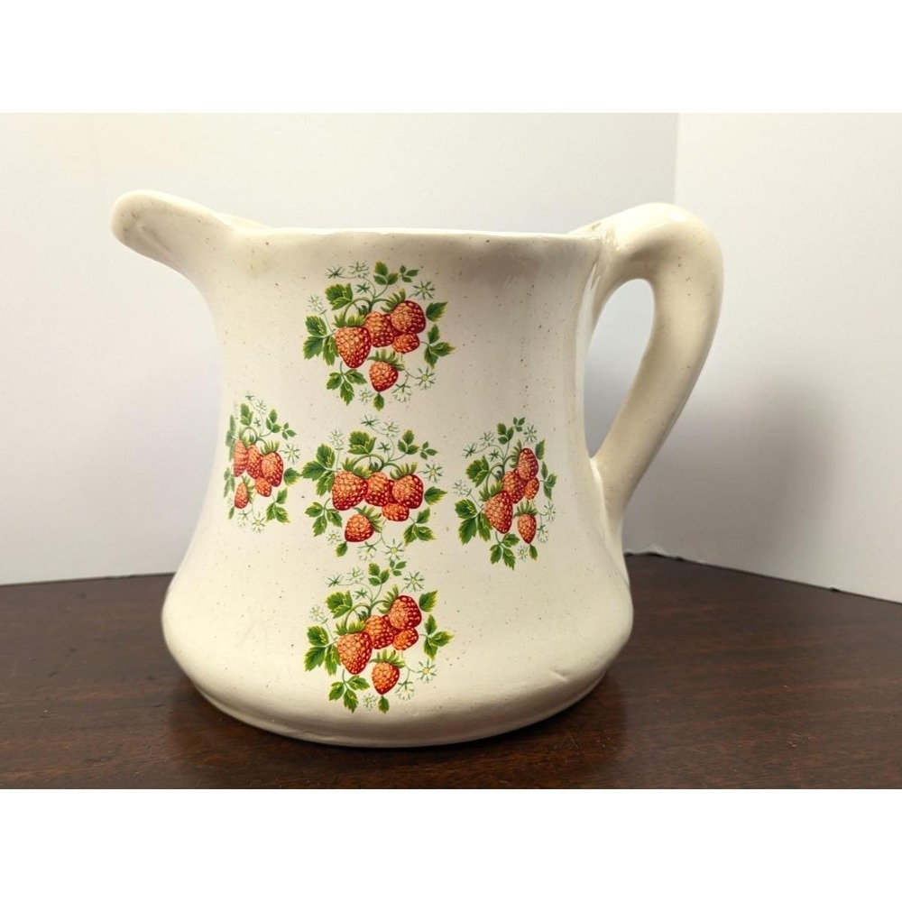 Vintage Strawberry Ceramic Pitcher Speckled Cream Country Farmhouse 7" Unmarked